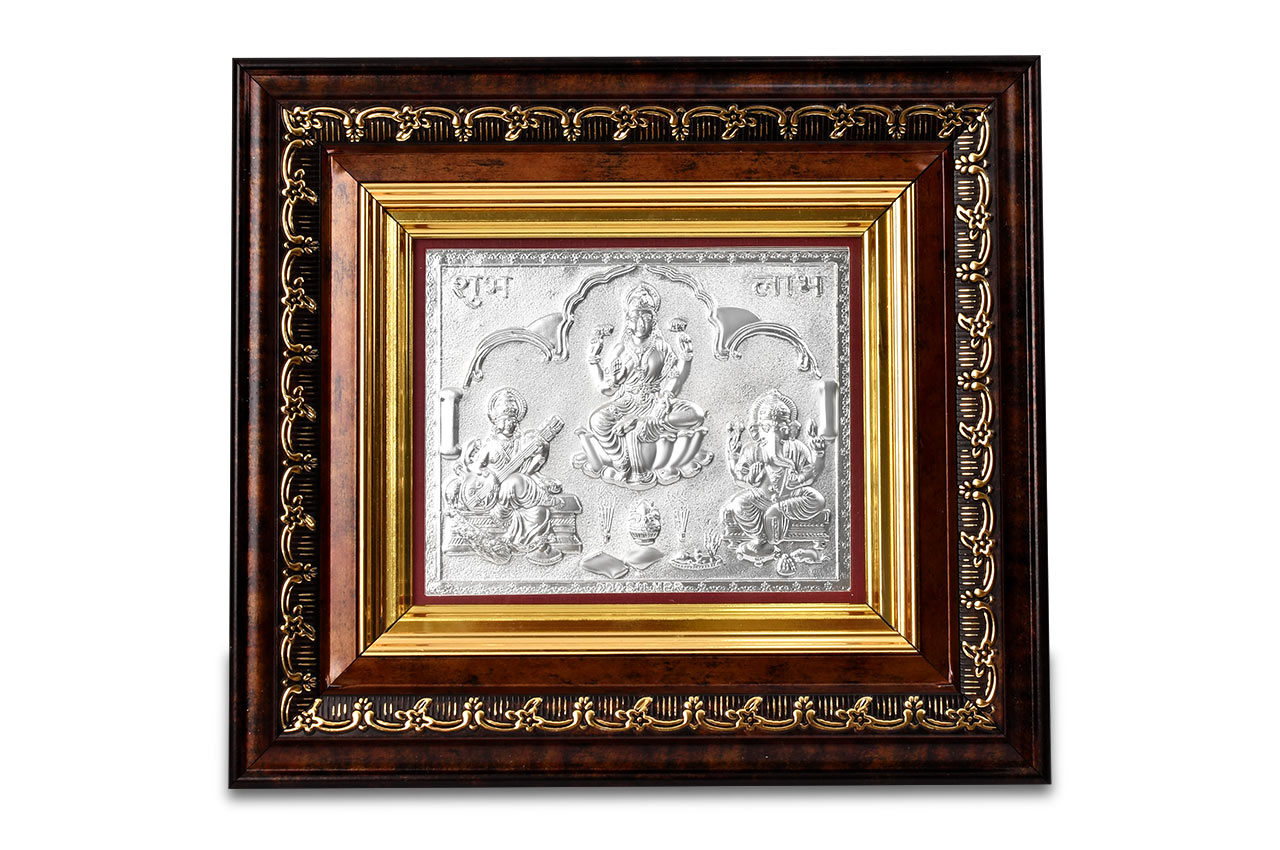 Lakshmi Ganesh Saraswati in Silver with Wooden Frame - I